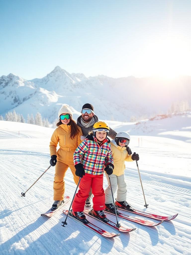 Famille au ski et snowboard